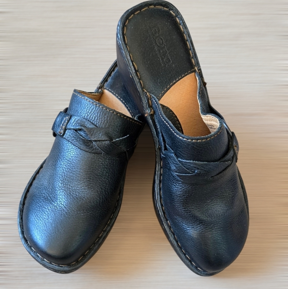 Born Shoes Black Leather Braided Mules Slip On Wedge Heels Size 8m - Picture 12 of 12
